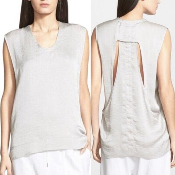 NEW NWT HELMUT LANG Chroma Drape Top Silver Gray Satin Layered Cutout Back Tank - Picture 1 of 16